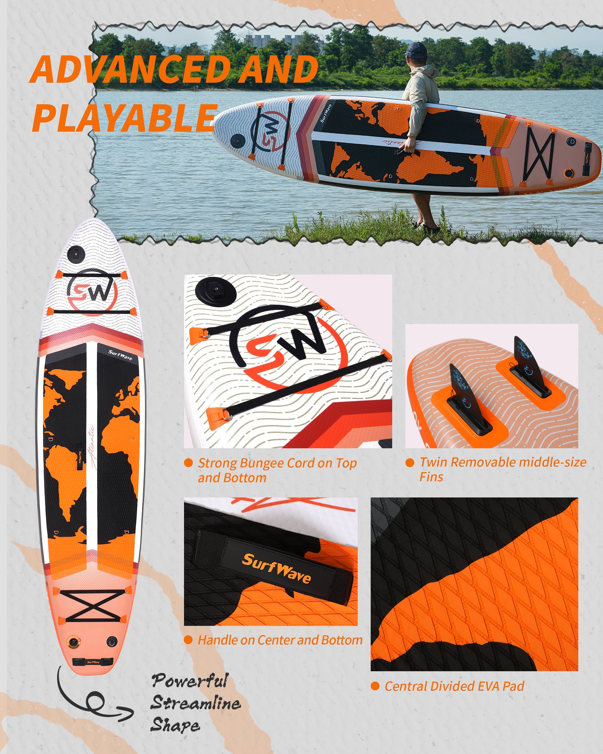 Pro Inflatable SUP Board, orange stand up paddle board 11ft All-Around inflatable stand up Paddle Board - Military-Grade for Surfing & Expedition, Includes Carbon Paddle & Pro Pump