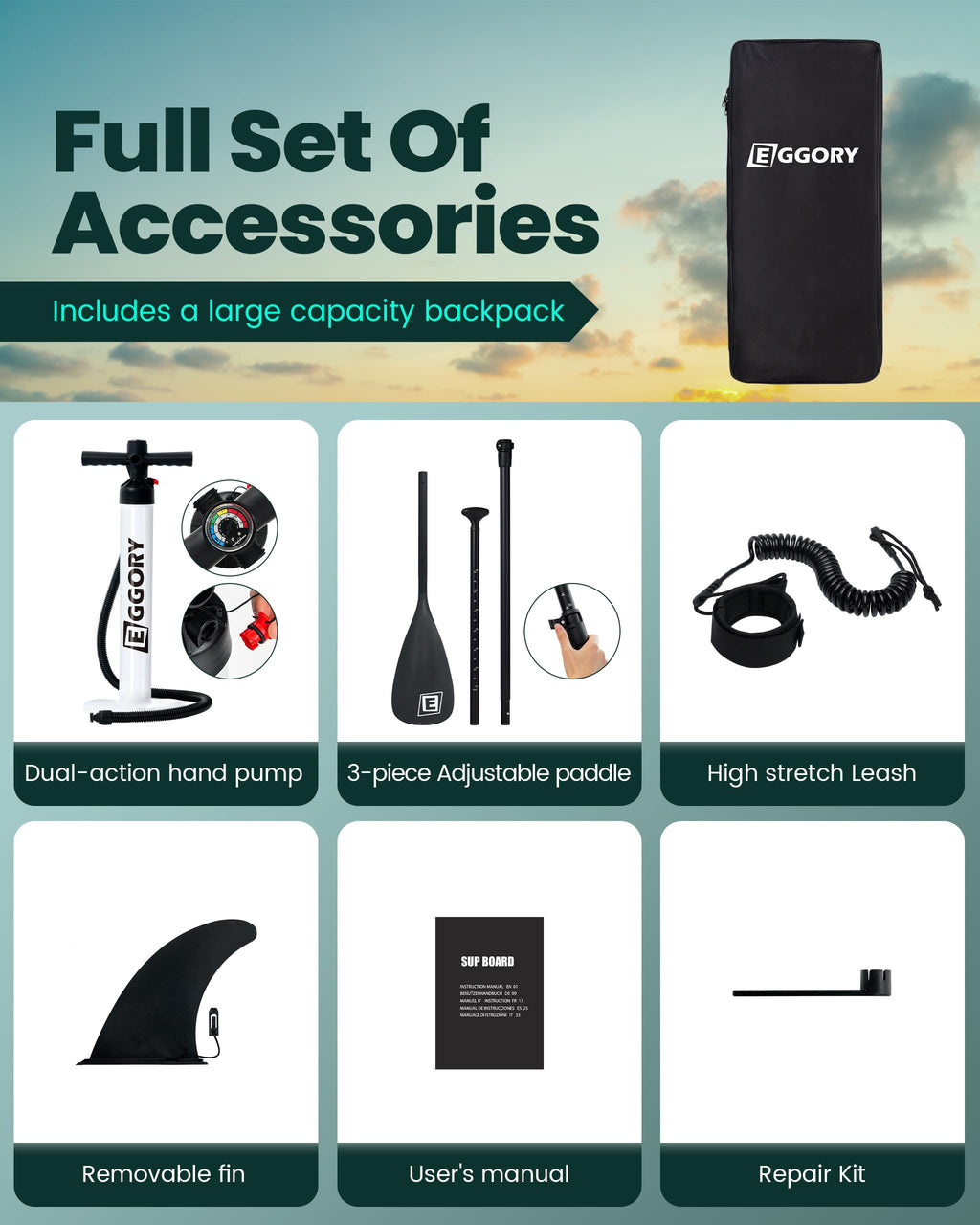 EGGORY 10'8"x32"x6" Inflatable SUP Board - Wide Stable Anti-Slip Deck with Premium Accessories for Youth & Adults