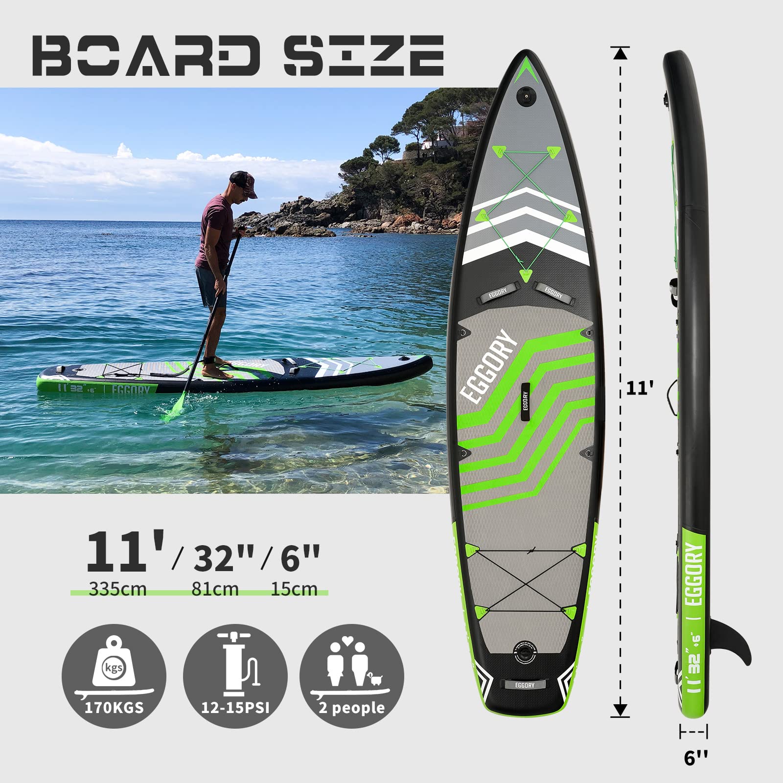 EGGORY 11ft Inflatable Stand Up Paddle Board - Full Accessory Set, Wide Stable Design & Anti-Slip Comfort Deck for All Water Activities