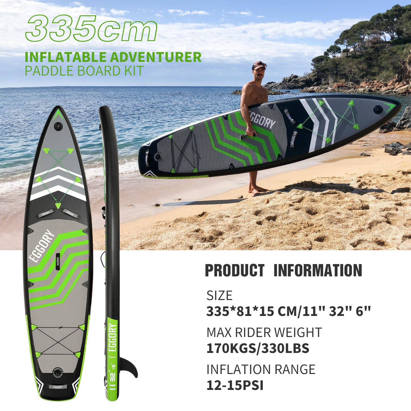 EGGORY 11ft Inflatable Stand Up Paddle Board - Full Accessory Set, Wide Stable Design & Anti-Slip Comfort Deck for All Water Activities