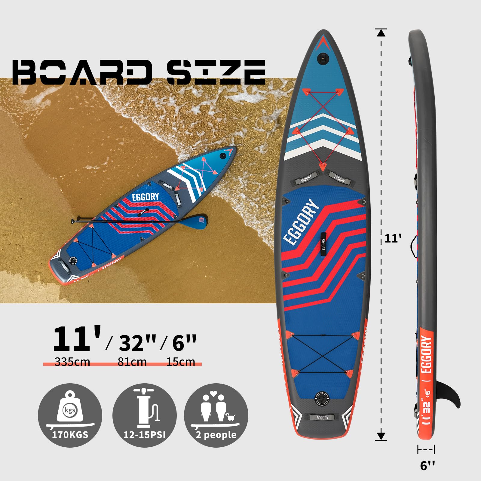 EGGORY 11ft Inflatable Stand Up Paddle Board (33'' Wide x 6'' Thick) - Full Accessory Kit for All Water Activities